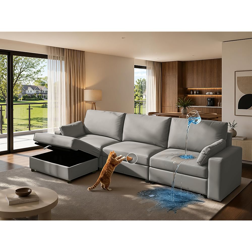 Leather Sectional Sofa, 117" Oversized Modular Sectional Couch with Storage, Deep Seat Scratch Resistant Faux Leather Couches, Wide L Shaped Vegan Leather Sofa, (Grey, 3-Seater & Ottoman)