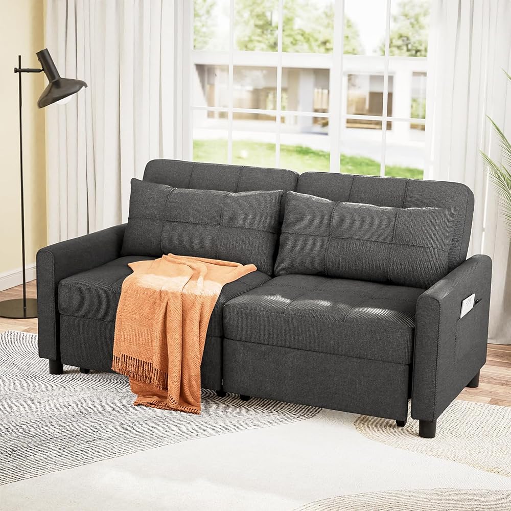 Aiho Pull Out Couch - 58" Loveseat Sofa Bed, Convertible with Separate Ottoman & Adjustable Backrest, 3-in-1 Sleeper for Small Apartment, Dark Gray