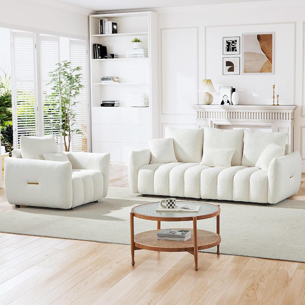 2 Piece Teddy Living Room Sofa Set,Boucle 3 Seater Sofa & Single Sofa Chair